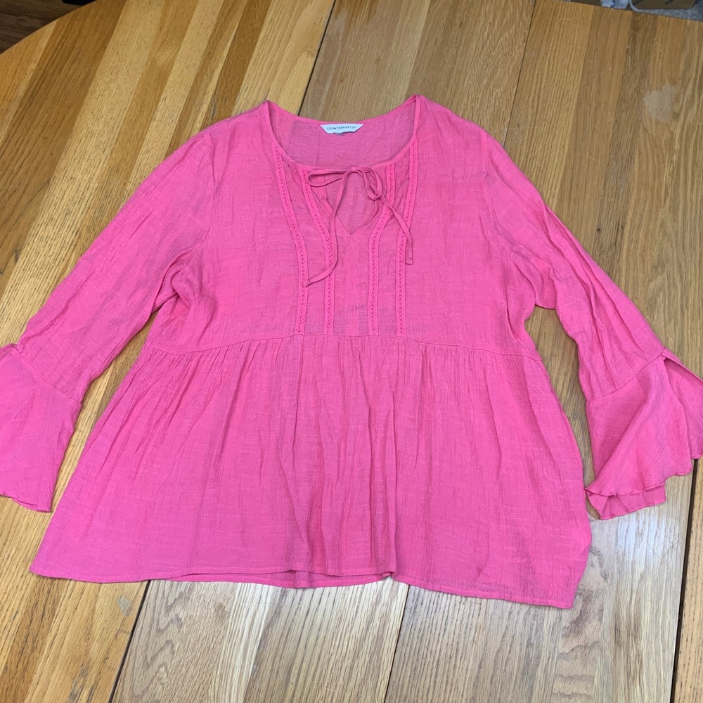 Counterparts Womens Pink Boho Gauze Babydoll Blouse Ruffle Bell Sleeve Top Large
